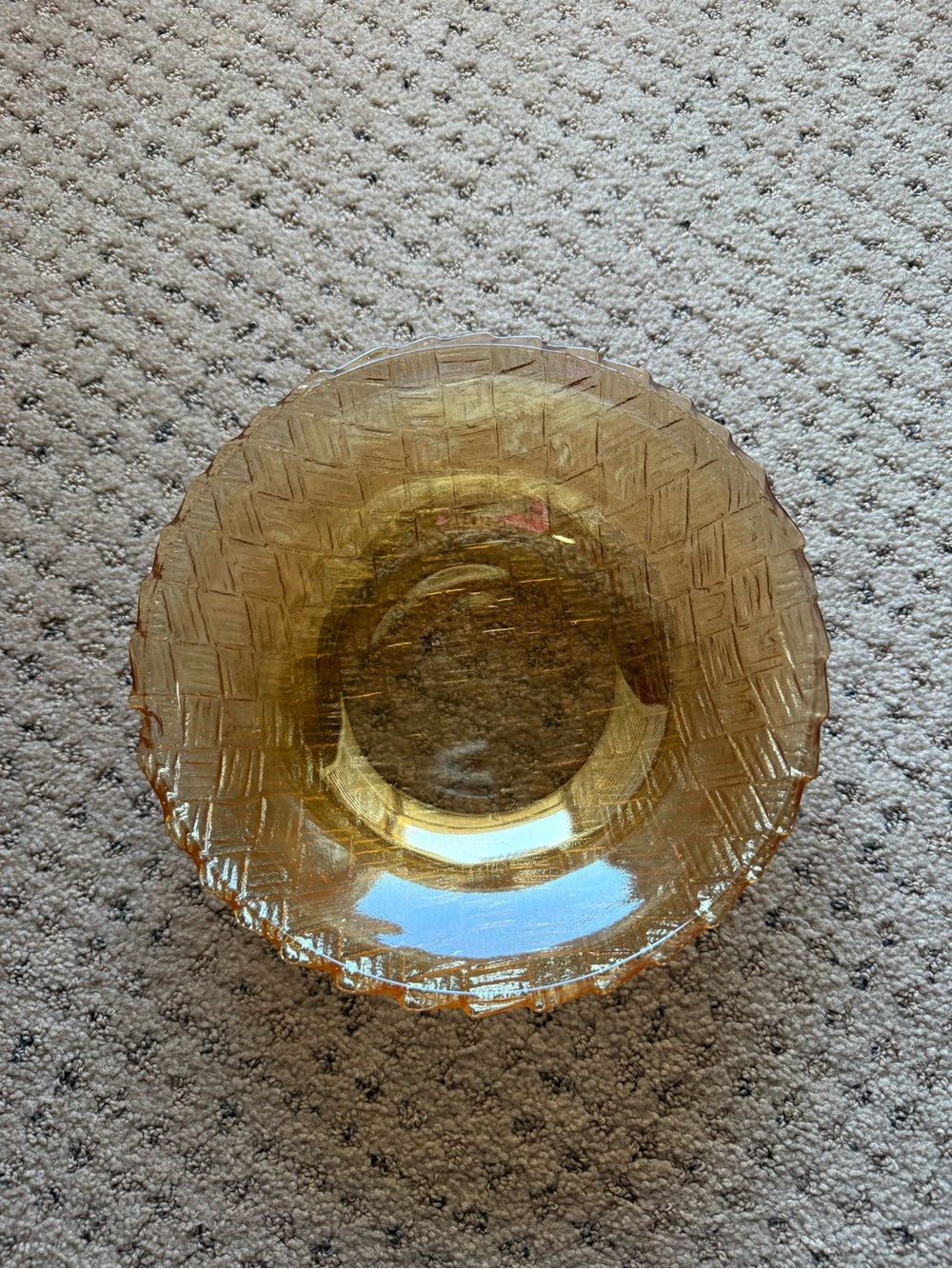 Vintage Indiana Carnival Glass Bowl Iridescent Gold Amber Basket Weave